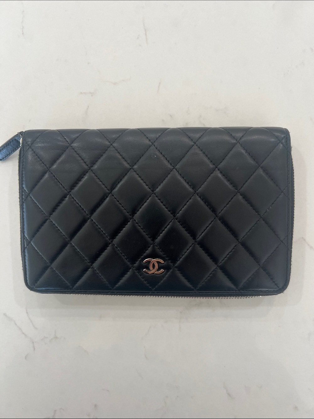 CHANEL Black Quilted Zip-Around Wallet with CC Logo